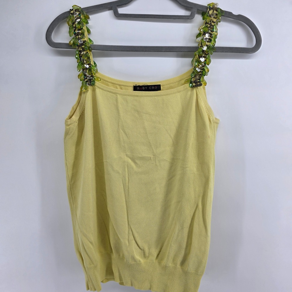 Yellow Tank Top with Embellished Green Straps